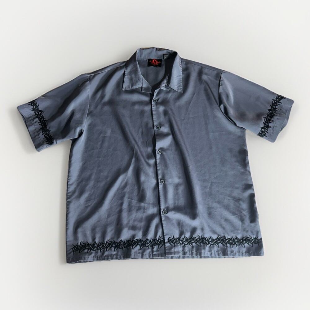 DOC Clothing XL Button Up Shirt Gray Black Tribal Embroidered Y2K Vintage 2000s